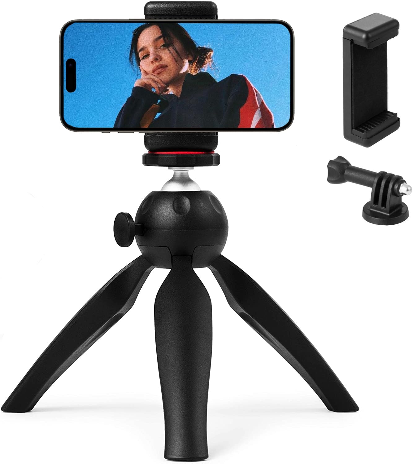 PolarduckMini Phone Tripod Small Tabletop Travel Tripod for Cellphone with Phone Stand Holder, Gopro Mount & 360° Rotating Ballhead, Selfie Stick Compatible with Smartphone, Gopro and Projector