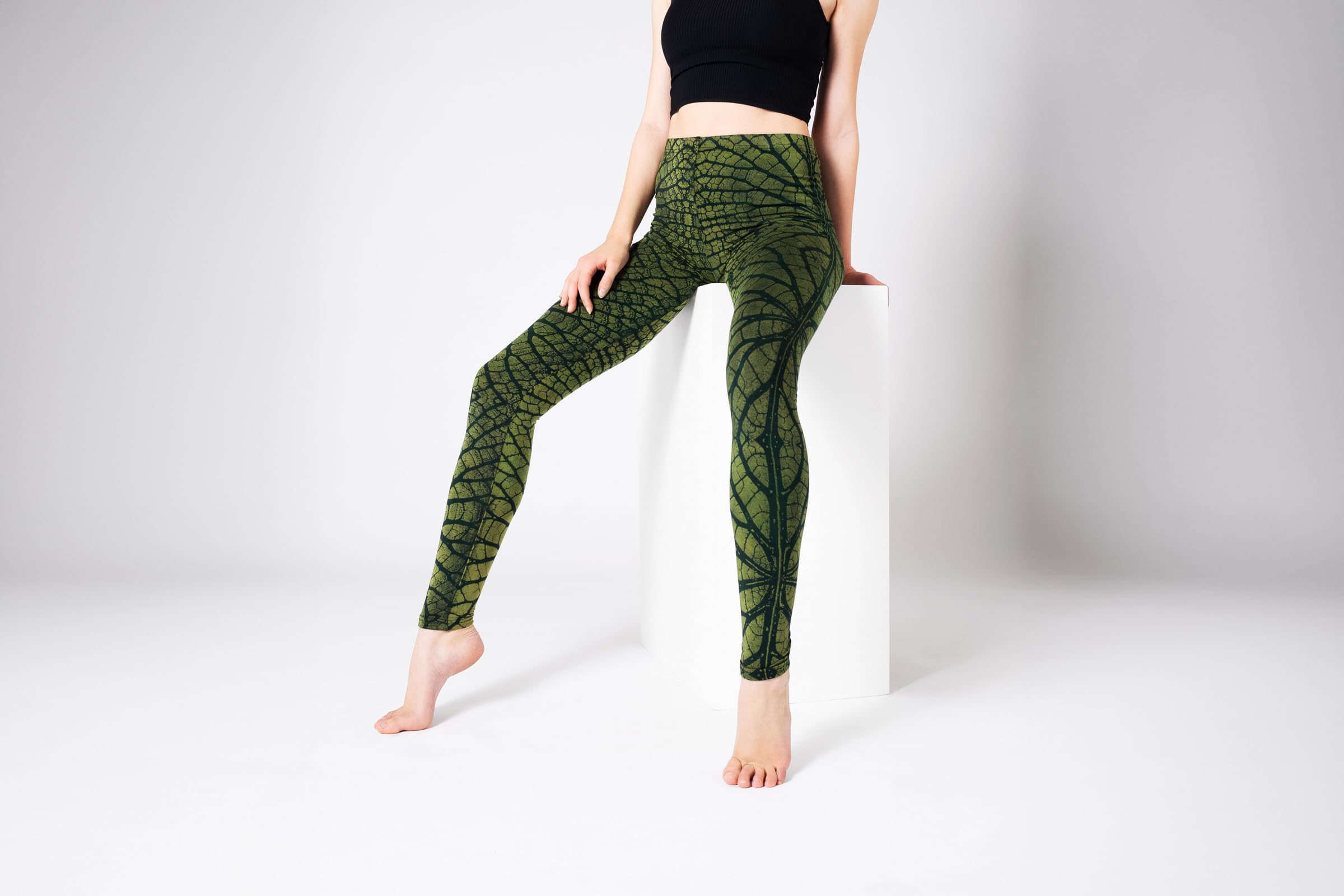 PANASIAM Batik Leggings Liści damskie - legginsy ze strukturą liścia - Do jogi, sportowe, fitnessu - naturalny materiał - wygodny - sportowy - modny