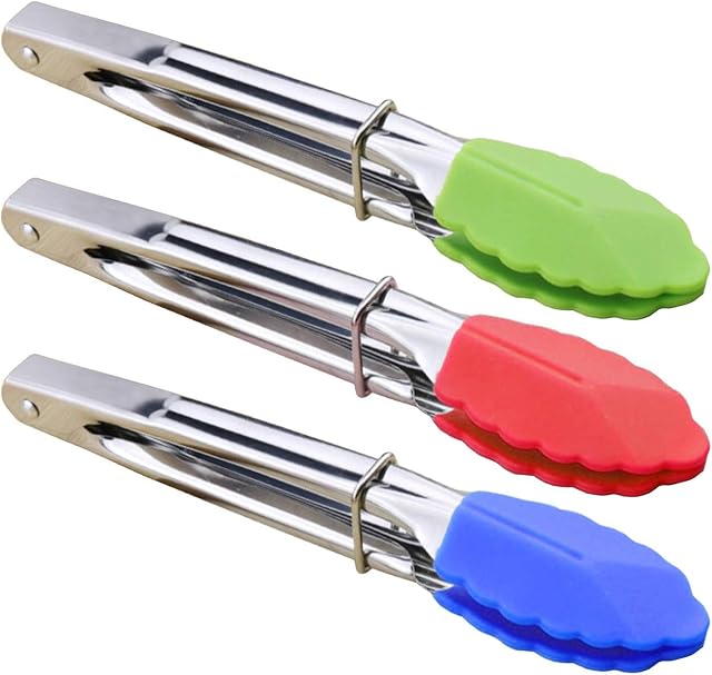 HINMAY Small Kitchen Tongs Mini Tongs with Silicone Tips 7-Inch Serving Tongs, Set of 3 (Green Red Blue)