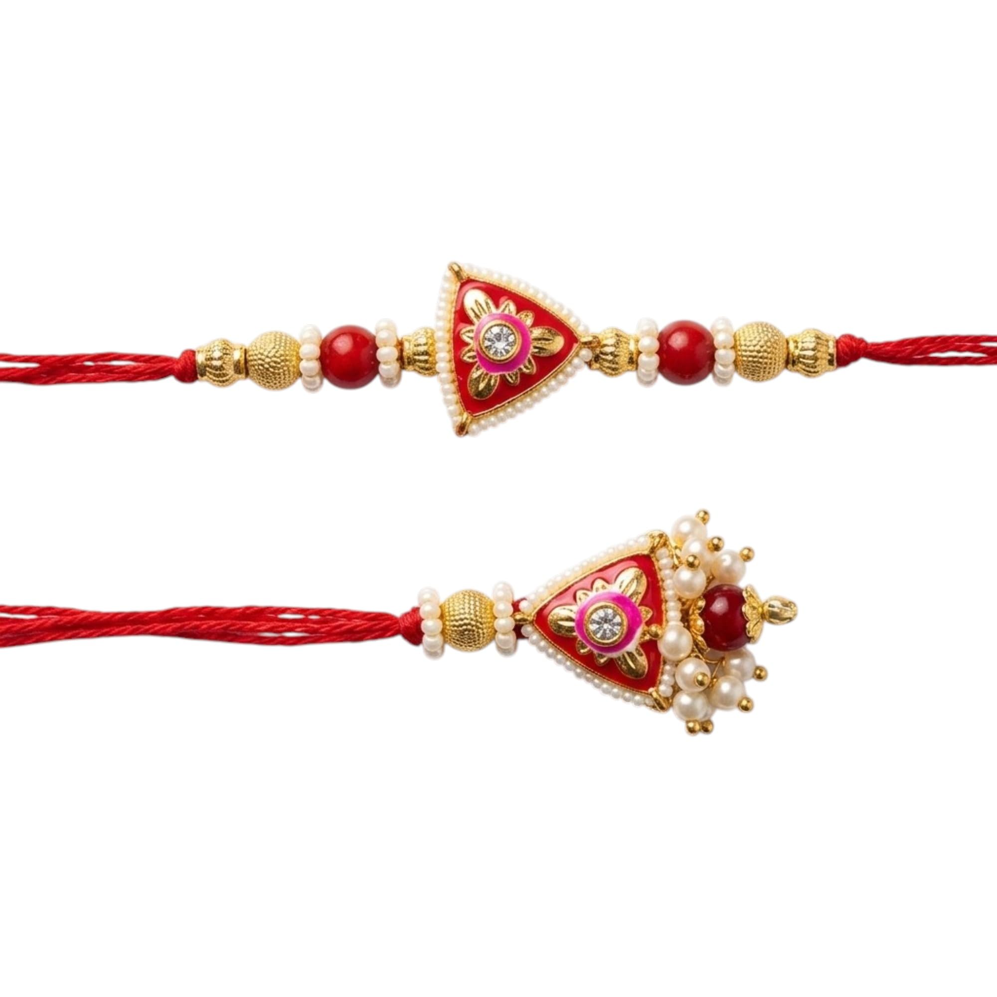 Bhaiya Bhabhi Rakhi Set: Traditional Handcrafted Meenakari Lumba Set for Brother & Sister-in-Law | Decorative Red Thread & Pearl Cluster | Auspicious Gifting for Raksha Bandhan-image-12