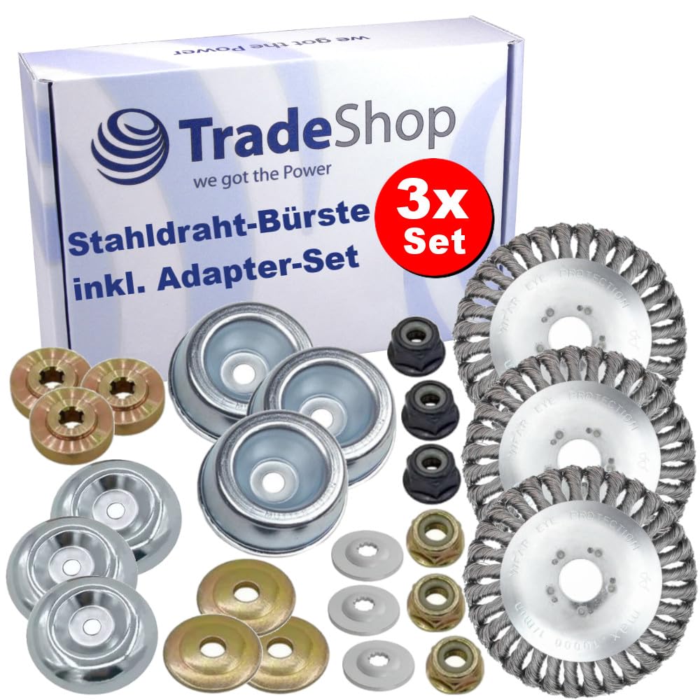 3X Trade-Shop Unkrautbürste Stahldrahtbürste Stahlrad Trimmerkopf inkl. Adapter-Set kompatibel mit Stihl, WORX, Black & Decker, Husqvarna Motorsense