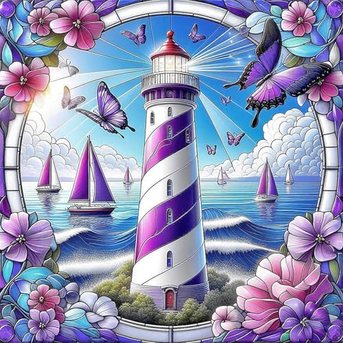 Image of AiYuanzsh Lighthouse Diamond Painting Kits for Adults, Sailing Sea Landscape 5D Diamond Art Kits for Adults, DIY Full Drill Round Diamond Dot Gem Art Wall Decor 13.8x13.8 Inch