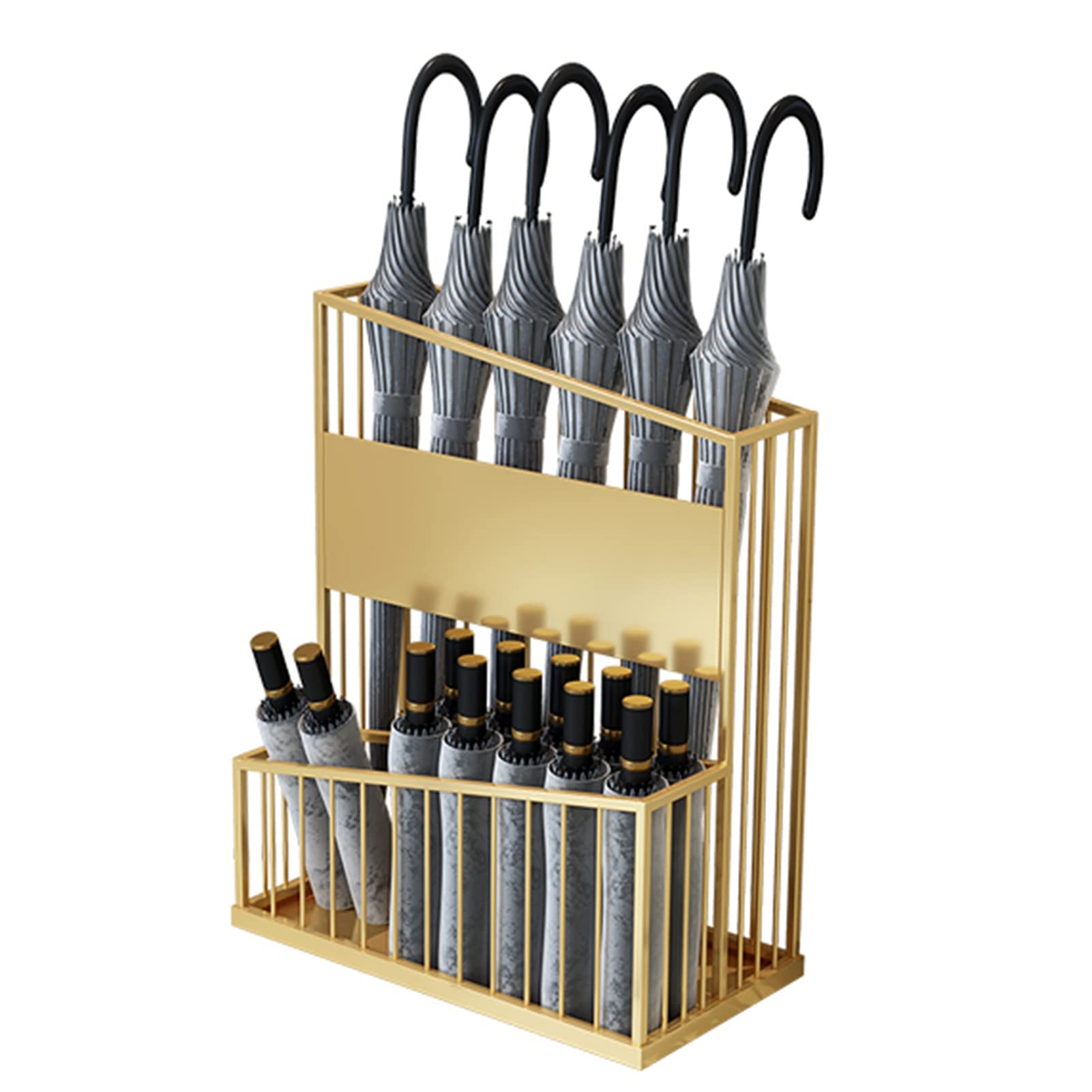 HYLYGFH Large Metal Umbrella Stand, 2-Tier Gold Umbrella Holder for Hotels & Offices, Spacious Entrance nizer, 36x25x50cm, Stylish Commercial Umbrella Storage Solution
