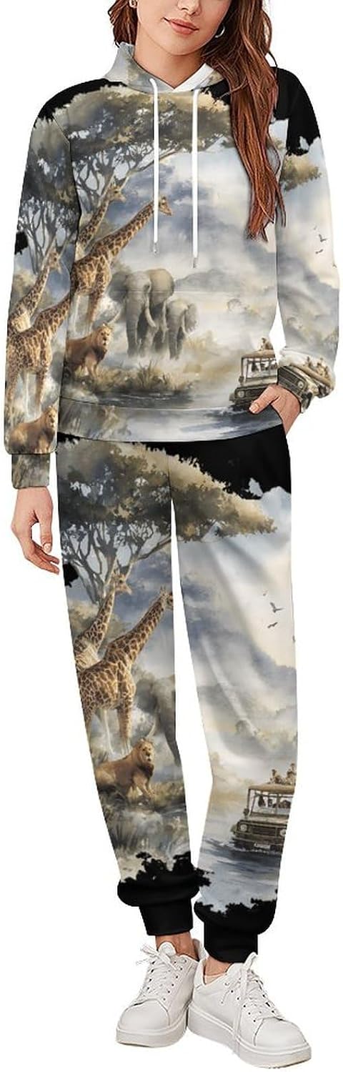 Africa Scene Giraffes Elephants Travel Mens Hoodies for Women Sweatsuit Sweatshirt And Sweatpant Tracksuit Jogging Suits