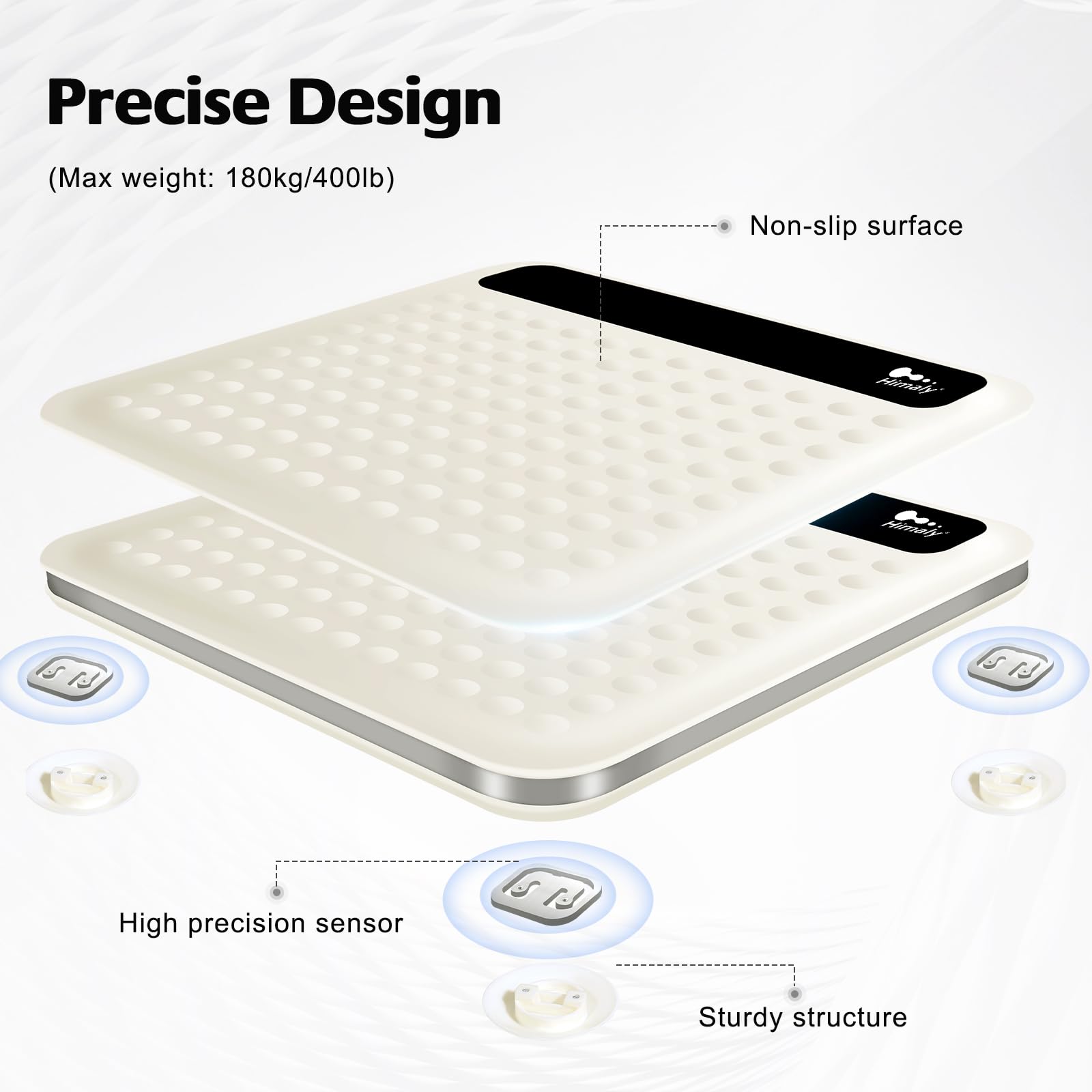 himaly Bilancia pesapersone digitale da bagno, tecnologia Step-On, ad alta precisione, con grande piattaforma in silicone antiscivolo e display digitale LCD, capacità 180 kg, colore: bianco