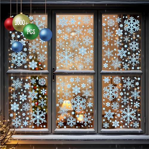 1000+ Cling Snowflake per Finestre a Doppia Faccia, oltre 30 Design, Adesivi Statici per la Decorazione delle Finestre, Forniture Riutilizzabili per Feste Invernali (10 Fogli)