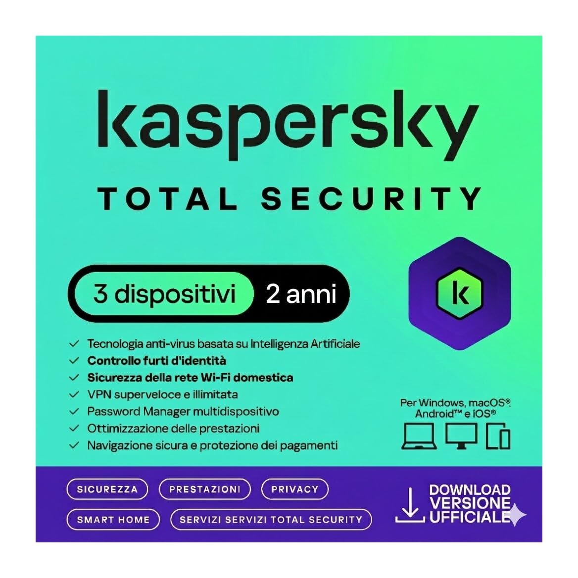 nextradeitalia Kaspersky Total Security 2024 PC/Mac/Android/iOS -2 Anni- 3 DISPOSITIVI