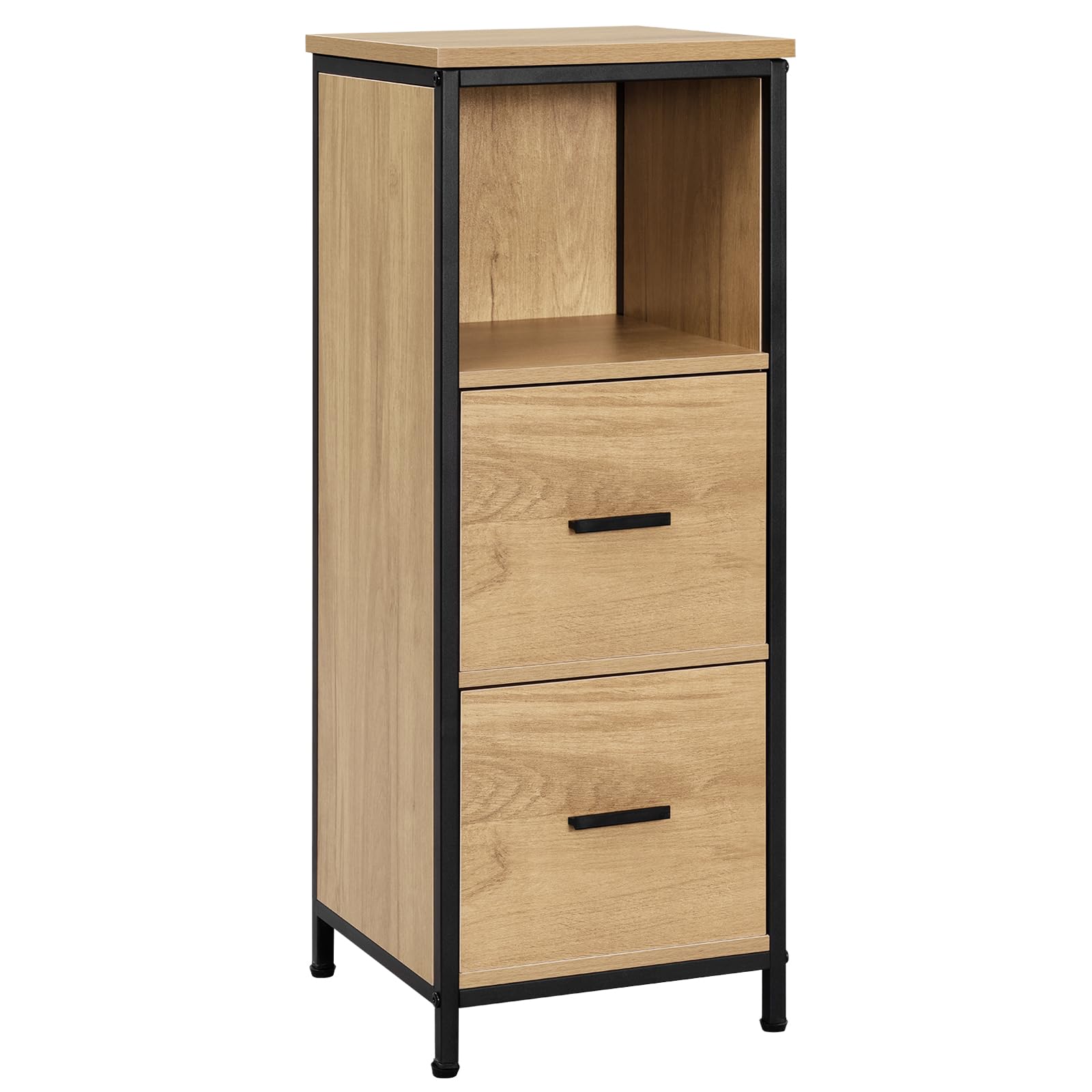 EUGAD Badezimmerschrank mit 2 abnehmbaren Schubladen, Badschrank schmal, multifunktionaler Aufbewahrungsschrank Eckschrank, Industrie Stil, mit Metallrahmen, Schwarz helle Eiche, 30x80x30 cm