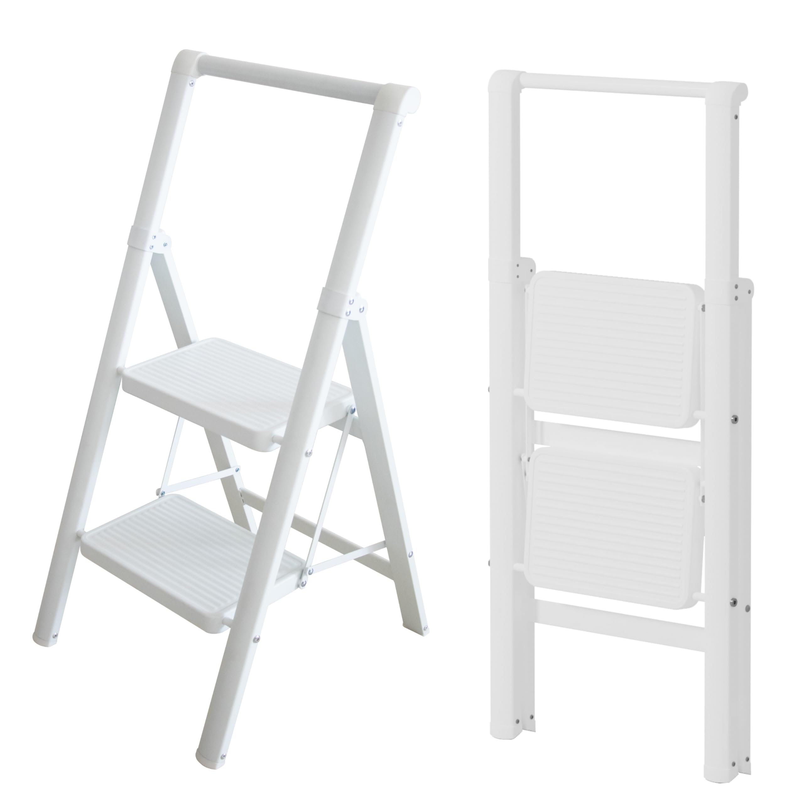 UABA Escalera Plegable 2 peldaños Blanca, Liviana y compacta 5 cm, peldaños Anchos Antideslizantes, EN 131 150 kg