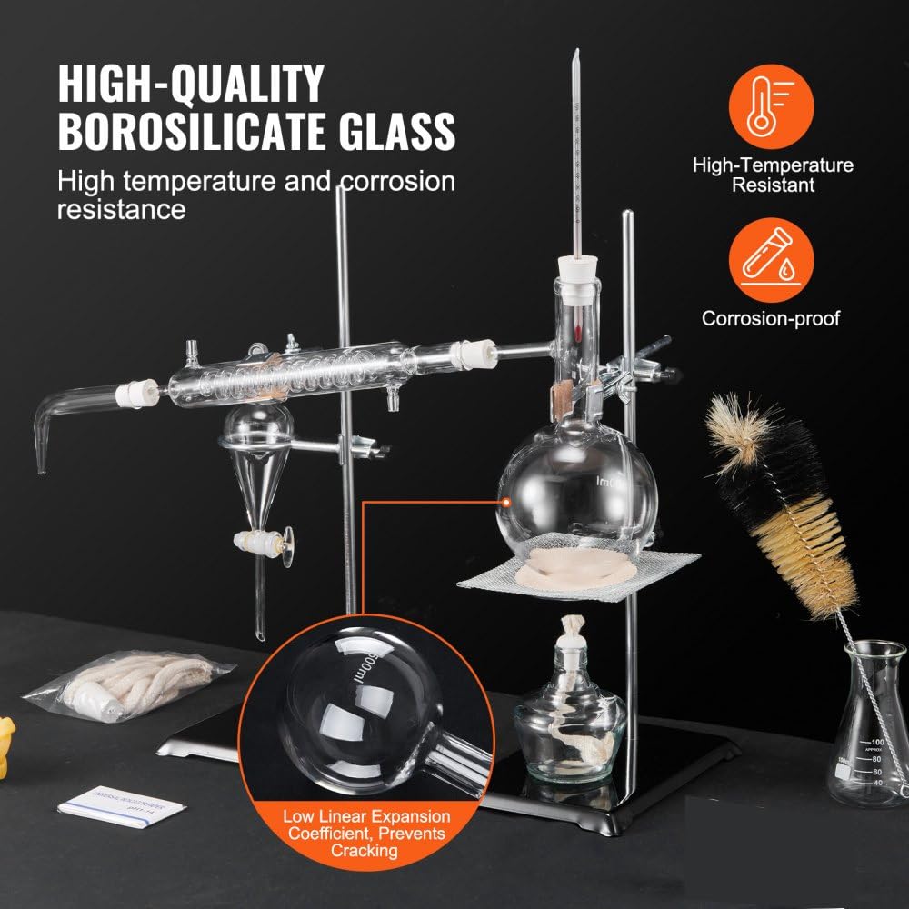 Kit de material de vidrio de laboratorio, nueva unidad de destilación DIY, aparato de destilación de aceites esenciales de laboratorio, 500 ml, resistente a altas temperaturas, para destilación