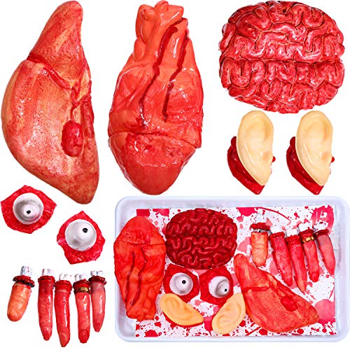 Gejoy 12 Pieces Halloween Body Parts Fake Body Parts Organs Plastic Severed Bloody Body Parts Haunted Decorations Fake Heart Liver Brain Fingers Ears Eyes for Halloween Zombie Party