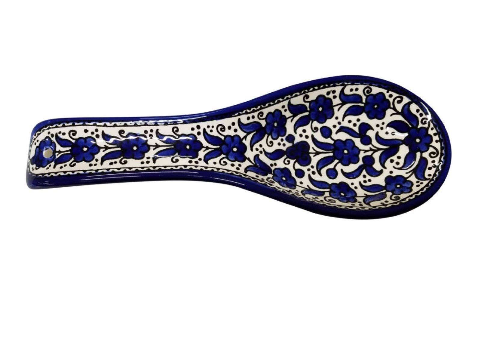 10" Armenian Ceramic Hand-Painted Cooking Spoon Rest Ladle Holder (Blue Flowers)