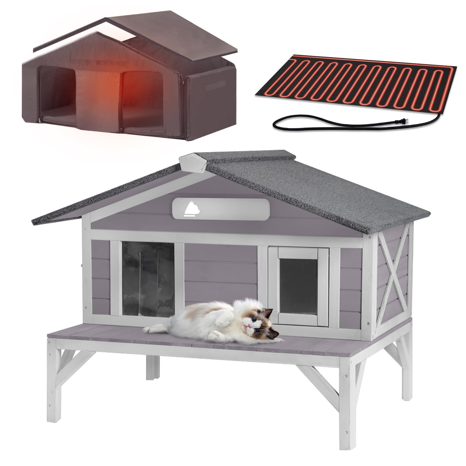 Aivituvin Heated Cat House Outdoor All-Round Insulated Feral Kitty Shelter with Escape Doors Weatherproof for Winter