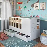 Berço Multifuncional com Cama Auxiliar 3 Gavetas Malu Branco
