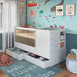 Berço Multifuncional com Cama Auxiliar 3 Gavetas Malu Branco