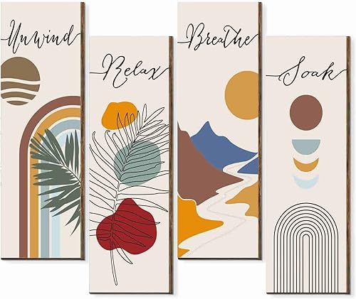 4 piezas Relax Soak Unwind Breathe Sign Decor Boho Bath Decoración de pared de madera minimalista botánico rústico baño placa de pared de madera