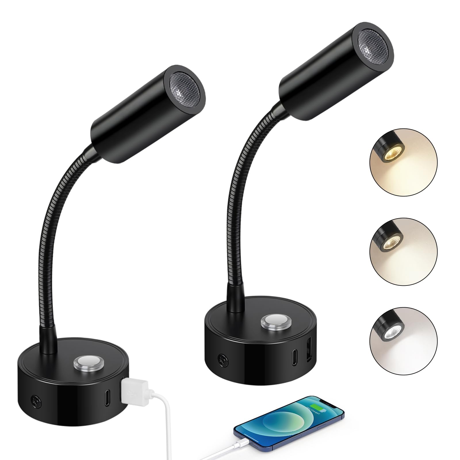 ERWEY 2 Częściowa Lampka do Czytania LED 12V do Kempingowych, ściemniana Dotykowo 3000K-6000K Regulacją Jasności, Nocna Gęsiej Szyi 360° Złączami USB A + C Oświetlenia Wnętrza łodzi Przyczep, Czarna