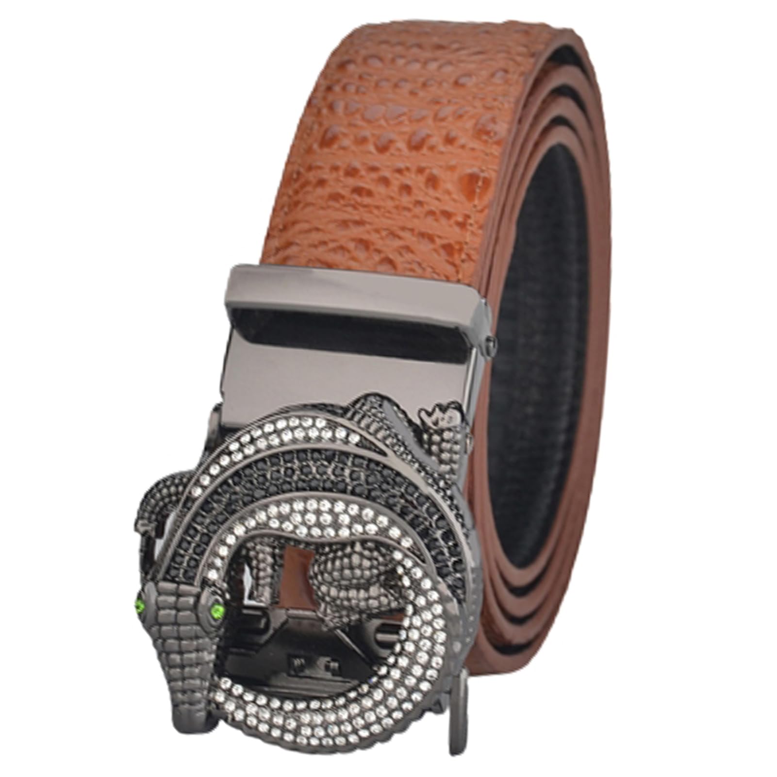 Cinturón De Cuero Con Patrón Cocodrilo, Cinturón Ajustable Hebilla Trinquete Deslizante Automática Tallada Diamantes Imitación (cintura 130 Cm/45 Pulgadas, Marrón)