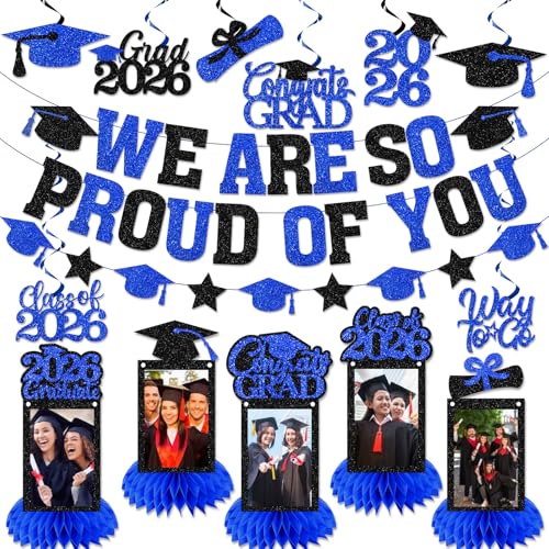Image of Graduation Decorations 2026 - Blue Congrats Grad Party Supplies Include Glitter We are So Proud of You Banner, Hanging Swirls and Honeycomb Centerpieces for Photo Toppers