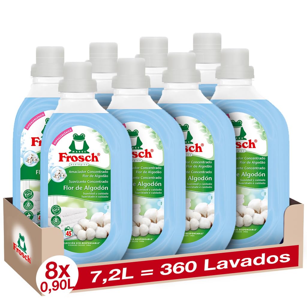 Frosch - Suavizante Concentrado Liquido Ecológico Flor de Algodón para Lavadora, Apto para Ropa Blanca y de Color, Producto Hipoalergénico y Ecológico - Pack 8 x 900 ml