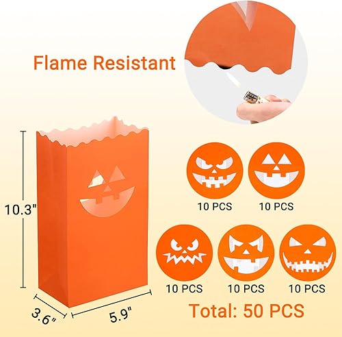 Miniatura 7 de 50 bolsas luminarias de Halloween, bolsas para velas resistentes al fuego, portavelas de té Jack-o'-Lantern para decoraciones de fiesta de Halloween