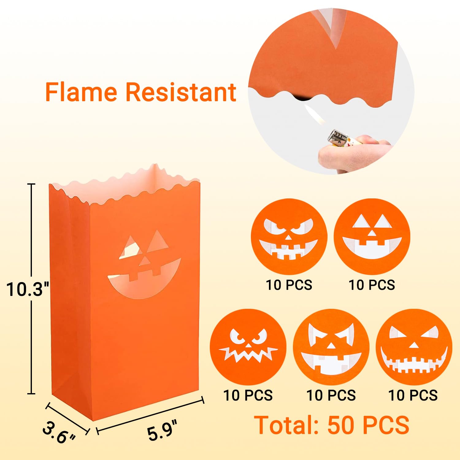 Stmarry 50 sztuk torebek na Halloween, odporne na płomienie, świeczniki Jack-o'-Lantern, świeczniki na Halloween, dekoracje imprezowe