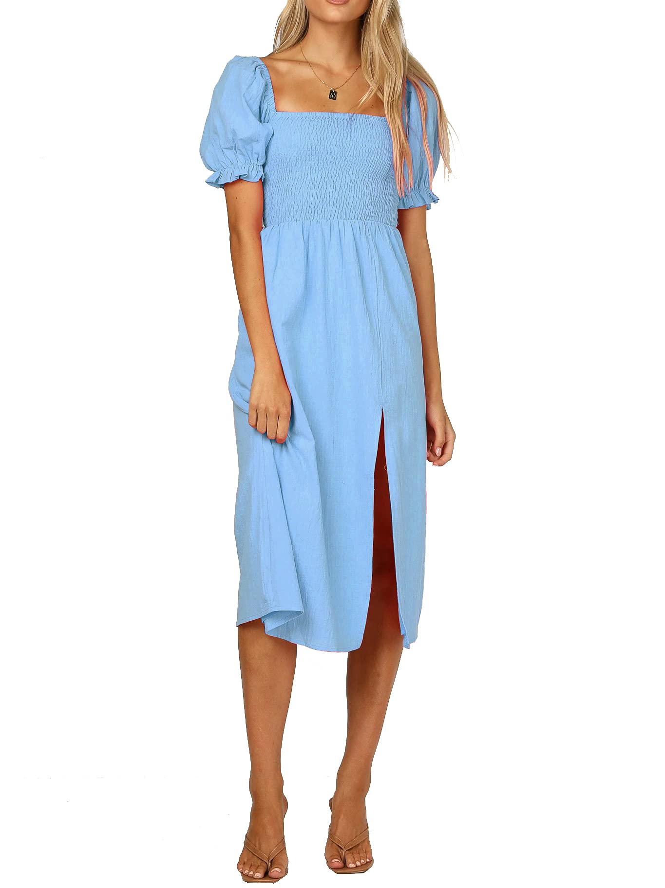 R.Vivimos Summer Dress for Women Cotton Plaid Puff Sleeves Casual Off-Shoulder Boho Side Slit Midi Dress