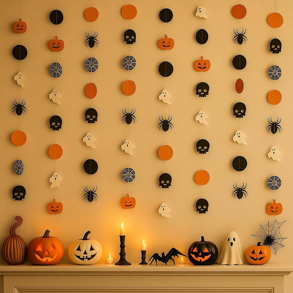 Katchon, Orange and Black Halloween Garland – 6.5 Ft | 8 Strings with Pumpkins & Skulls | Skeleton Fringe Curtain – Pack of 8 | Indoor Halloween and Day of The Dead Backdrop Decorations