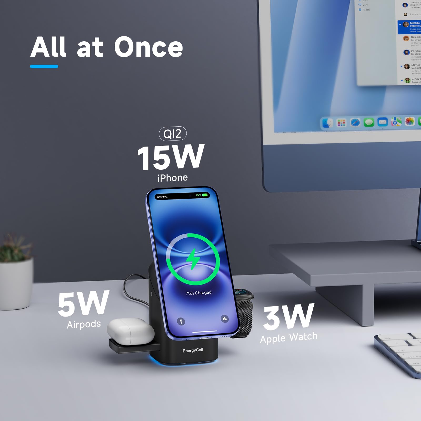 EnergyCell Rotating Wireless Charger, Qi2 Certified 2X Faster 15W for iPhone Charging Station 16/15/14/13/12, Apple Watch, AirPods, 3 in 1 Charging Station Apple Magnetic with Heat Dissipation, Black