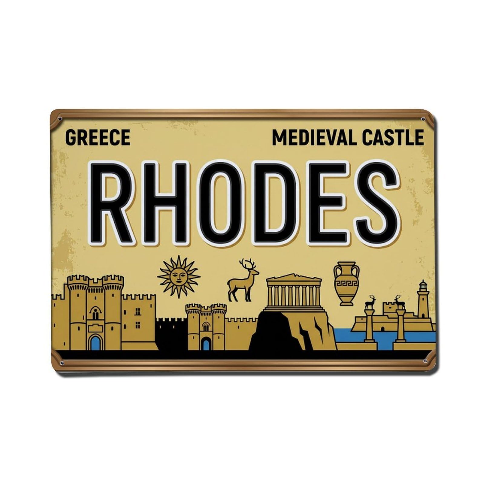 Xanthor Style Vintage Travel Rhodes Medieval Castle Sun Metal Tin Sign