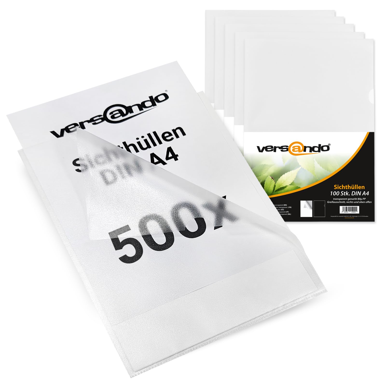 versando Economy - Cartellina portadocumenti, formato DIN A4, 90 my, in | polipropilene, grana trasparente, 500 pezzi (5 x 100)