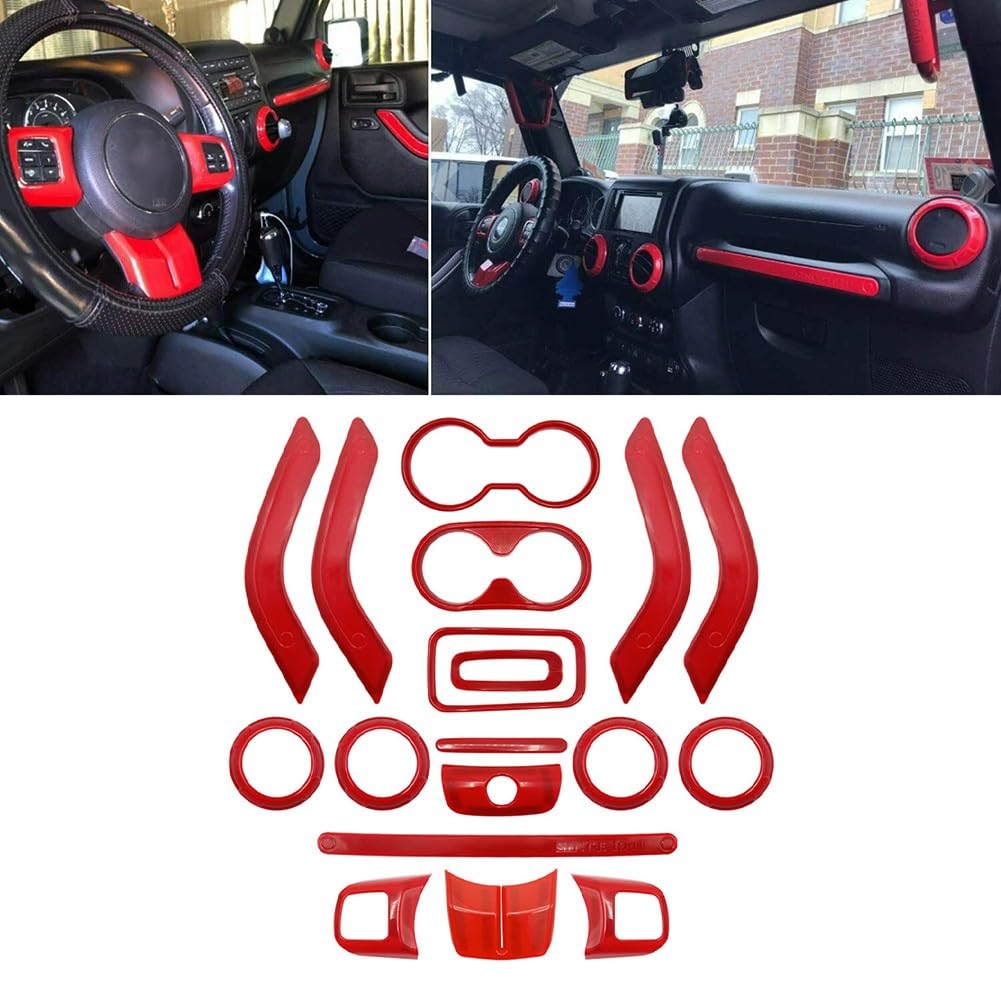 Kit de garniture de décoration intérieure de voiture rouge, 18 pièces en ABS pour tableau de bord pour Jeep pour Wrangler JK JKU 4 portes 2011-2017, accessoires de style de véhicule faciles