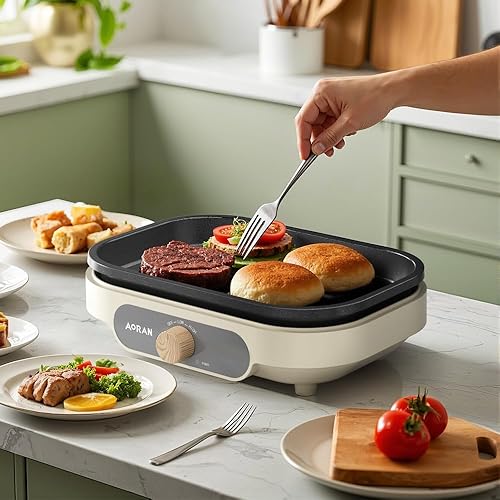 Miniatura 2 de AORAN - Sartén eléctrica de doble zona de 600 W, sartén antiadherente de 12 x 8 pulgadas con secciones de parrilla planas y acanaladas,