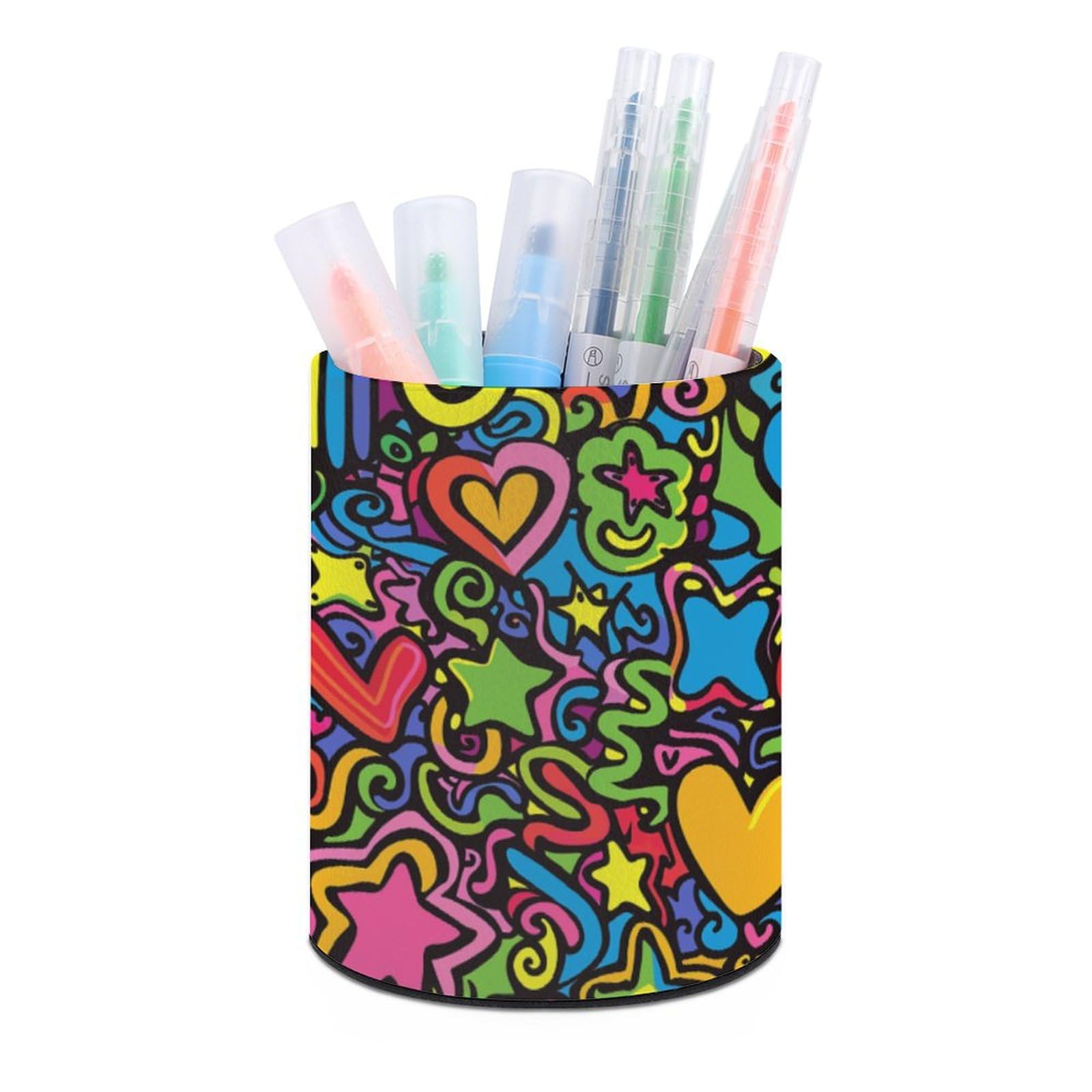 JTREHY - Round Pen Holder, Scribble and Lines Design Makeup Brush Storage Box for Home, Office, Vanity