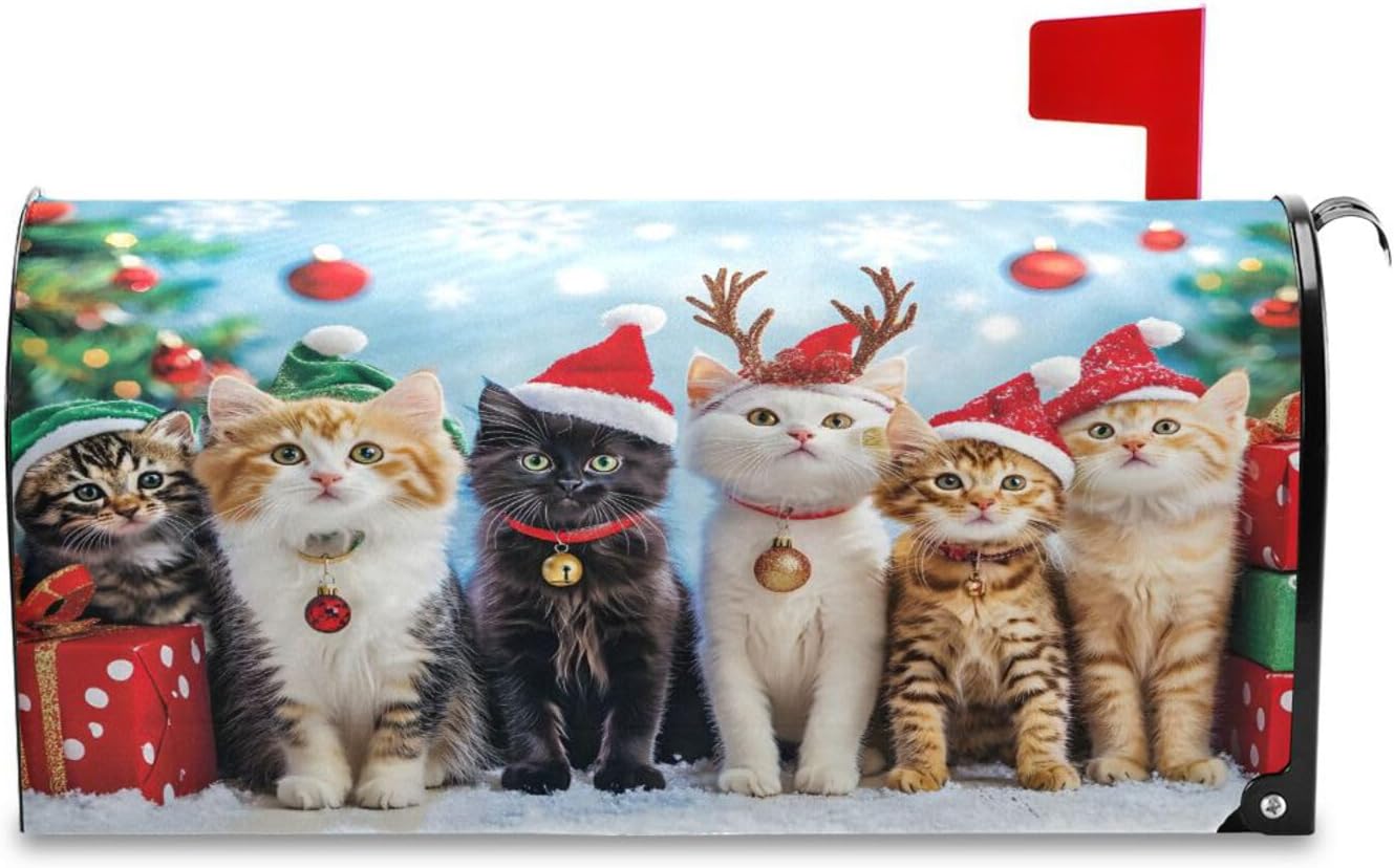 Christmas Mailbox Covers, Christmas Cat A Mailbox Post Box Covers Oxford Cloth with Magnetic Strip for Garden Yard Decor
