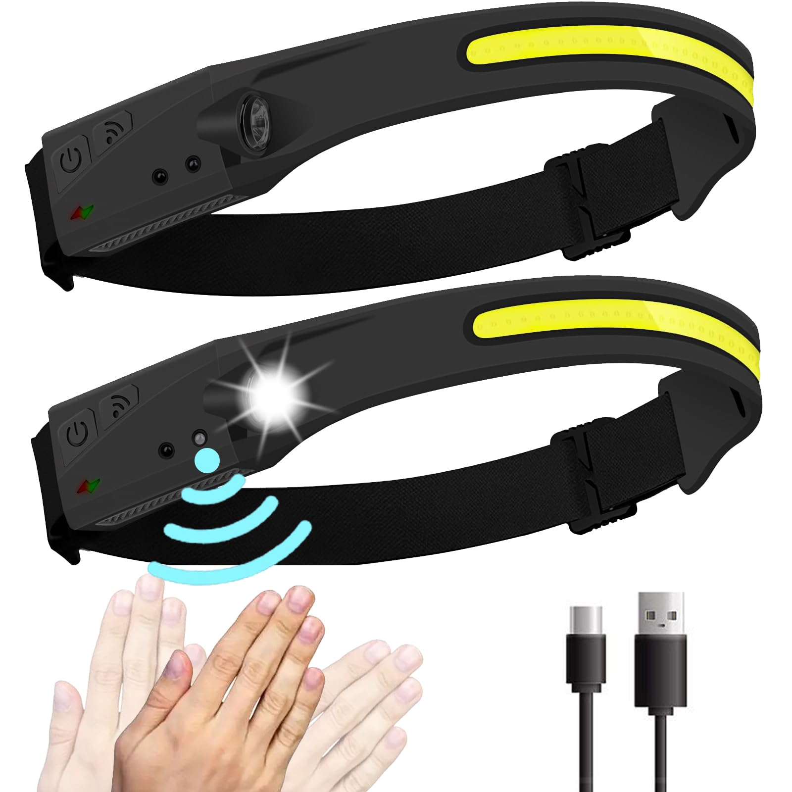 infisu Headlamp Rechargeable 2PCS, 230° Wide Beam Head Lamp LED with Motion Sensor for Adults - Camping Accessories Gear, Waterproof Head Light Flashlight for Running, Repairing, Fishing, Cycling