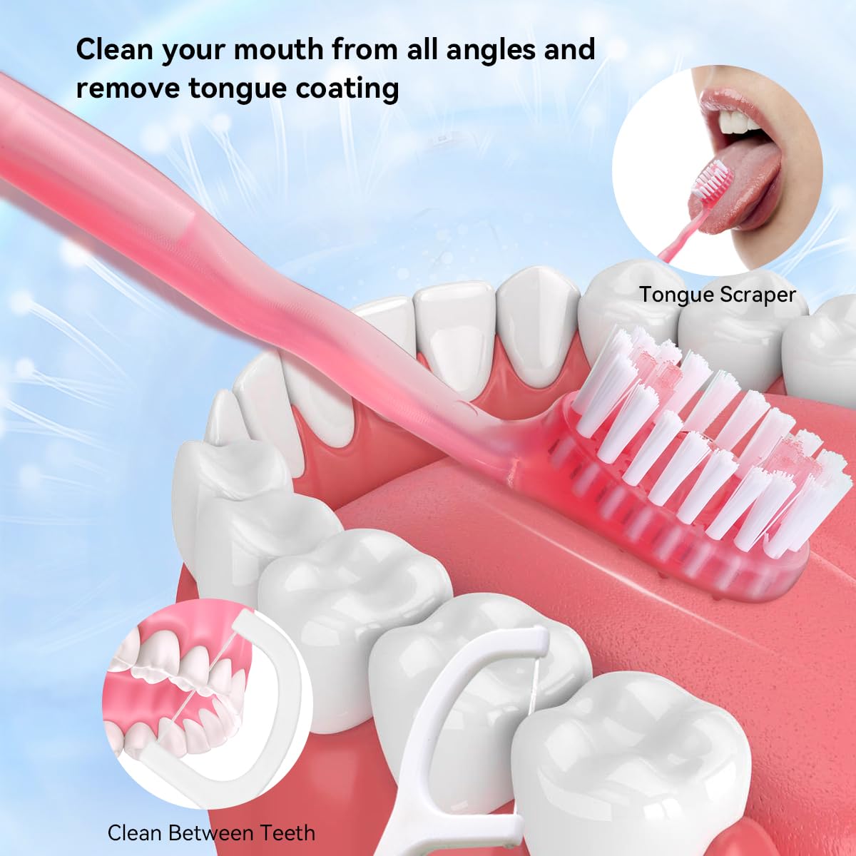 YUNCHI Podróżna szczoteczka do zębów, mini szczoteczka do zębów 5 w 1 (przewodowa, nić dentystyczna, skrobak do języka, wykałaczka), przenośna szczoteczka do zębów do codziennego użytku 72 sztuk