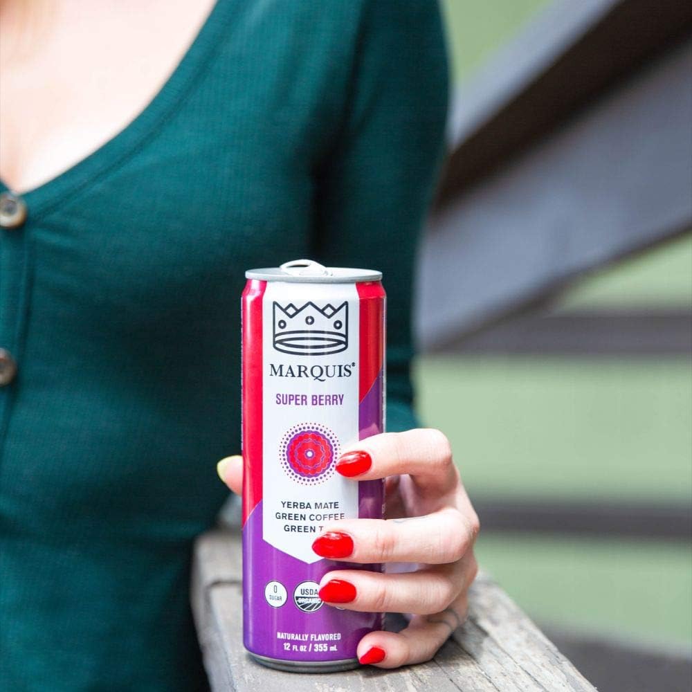 Organic Green Tea + Yerba Mate Drink by Marquis |Antioxidant Infused Sparkling Beverage | Zero Sugars, Zero Calories | Super Berry Flavor Super Tea | Pack of 12 (12 oz Cans)