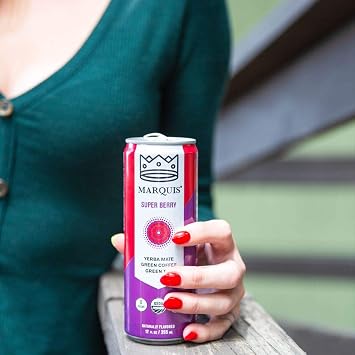 Organic Green Tea + Yerba Mate Drink by Marquis |Antioxidant Infused Sparkling Beverage | Zero Sugars, Zero Calories | Super Berry Flavor Super Tea | Pack of 12 (12 oz Cans)