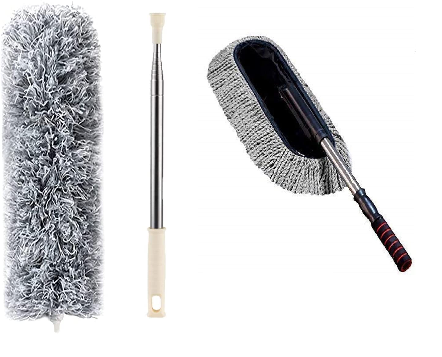 LUBELA Microfiber Feather Duster Bendable & Extendable Fan Cleaning Duster with 100 inches and Microfiber Car Cleaning Brush Ideal as Mop Duster, Washing Brush with Long Handle (Multicolor)