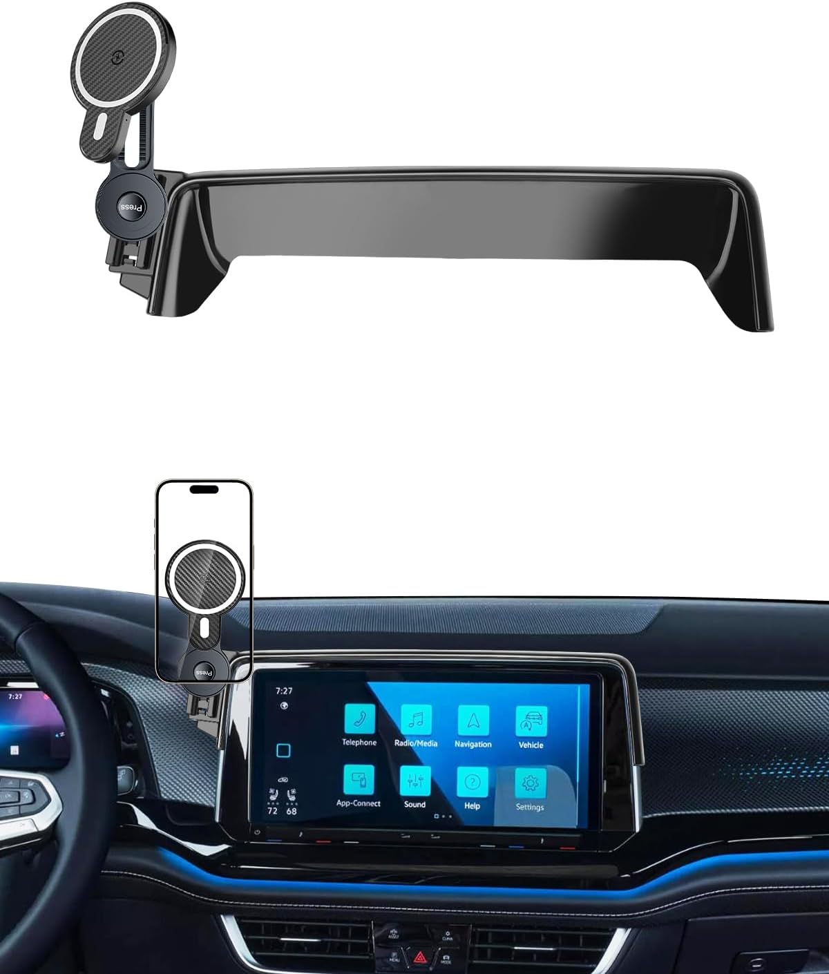 PZK Car Phone Mount for 2024 2025 2026 VW/Volkswagen Atlas/Altas Cross Sport SE/SEL/Premium R-Line/R-Line 12-inch Screen Magnetic 15W Fast Wireless Charger Phone Holder 360° Rotating Extension Rod