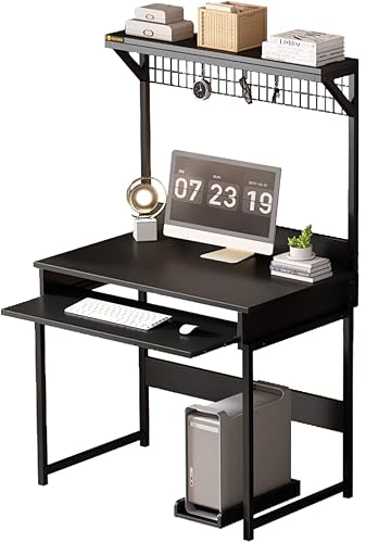 Escritorio para computadora con bandeja para teclado y estantes de almacenamiento, escritorio de oficina en casa de 31.5 pulgadas con gabinete, mesa