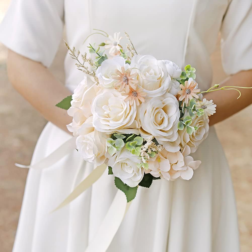 Ansofi Wedding Bouquets for Bride Bridesmaid Tossing Wedding Bouquet Beige White Rose Artificial Bridal Bouquet for Boho Rustic Wedding Ceremony Anniversary
