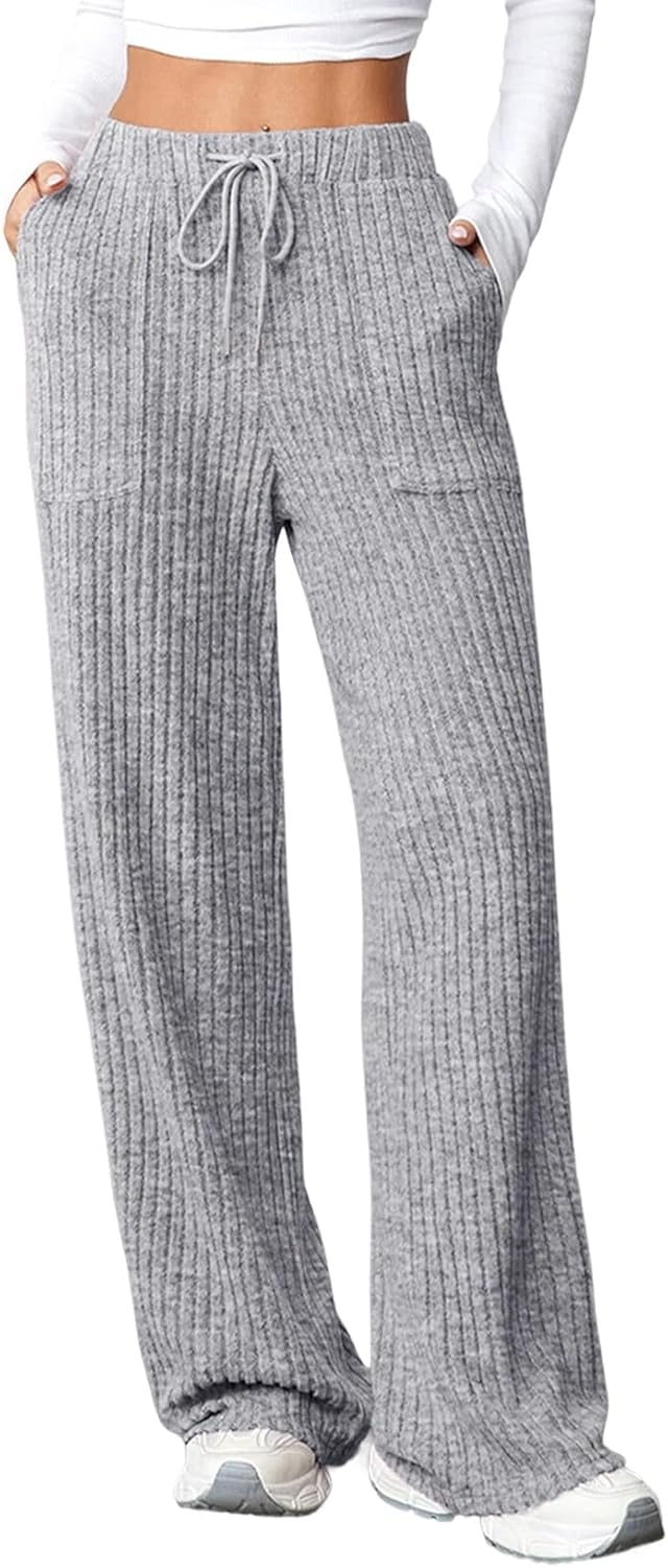 Aleumdr Womens Ribbed Wide Leg Lounge Pants with Pockets Casual Relaxed Comfy Loose Soft Knit Pajama Pants with Drawstring Aleumdr Womens Ribbed Wide Leg Lounge Pants with Pockets Casual Relaxed Comfy Loose Soft Knit Pajama Pants with Drawstring