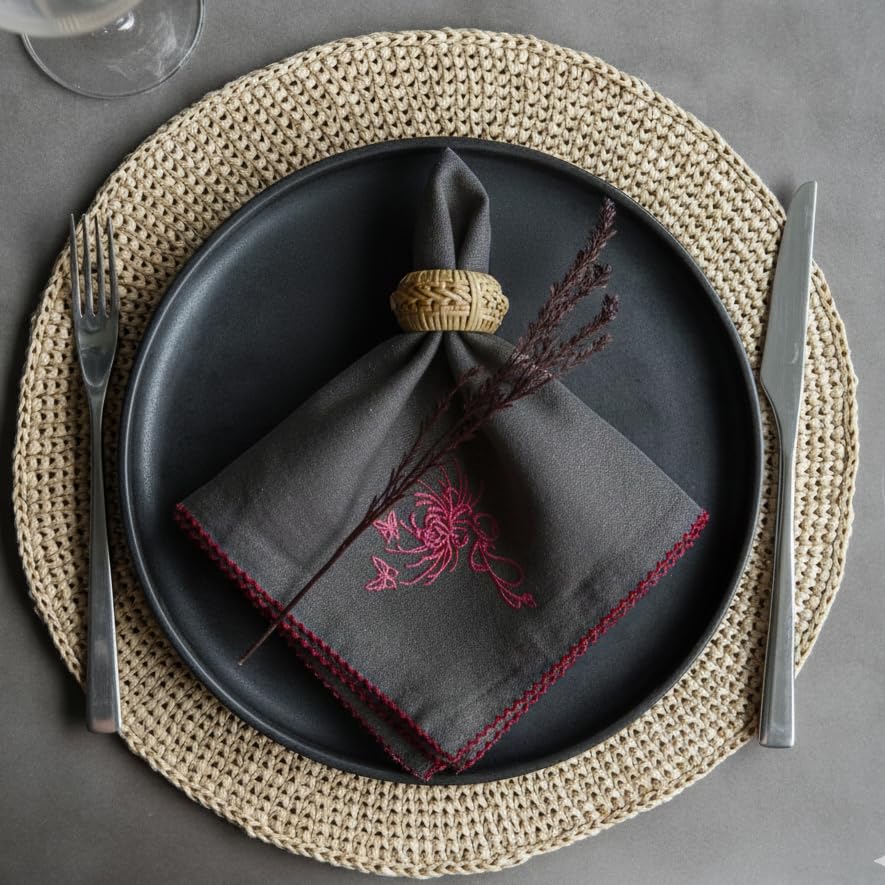 RUSTIQUE LINENS Luxury Embroidered Dinner Napkins, Set of 6, 18x18 Inch Cotton-Rich Cloth Napkins with Floral Motif for Holiday Hosting, Weddings & Formal Table Settings, Coal Flame