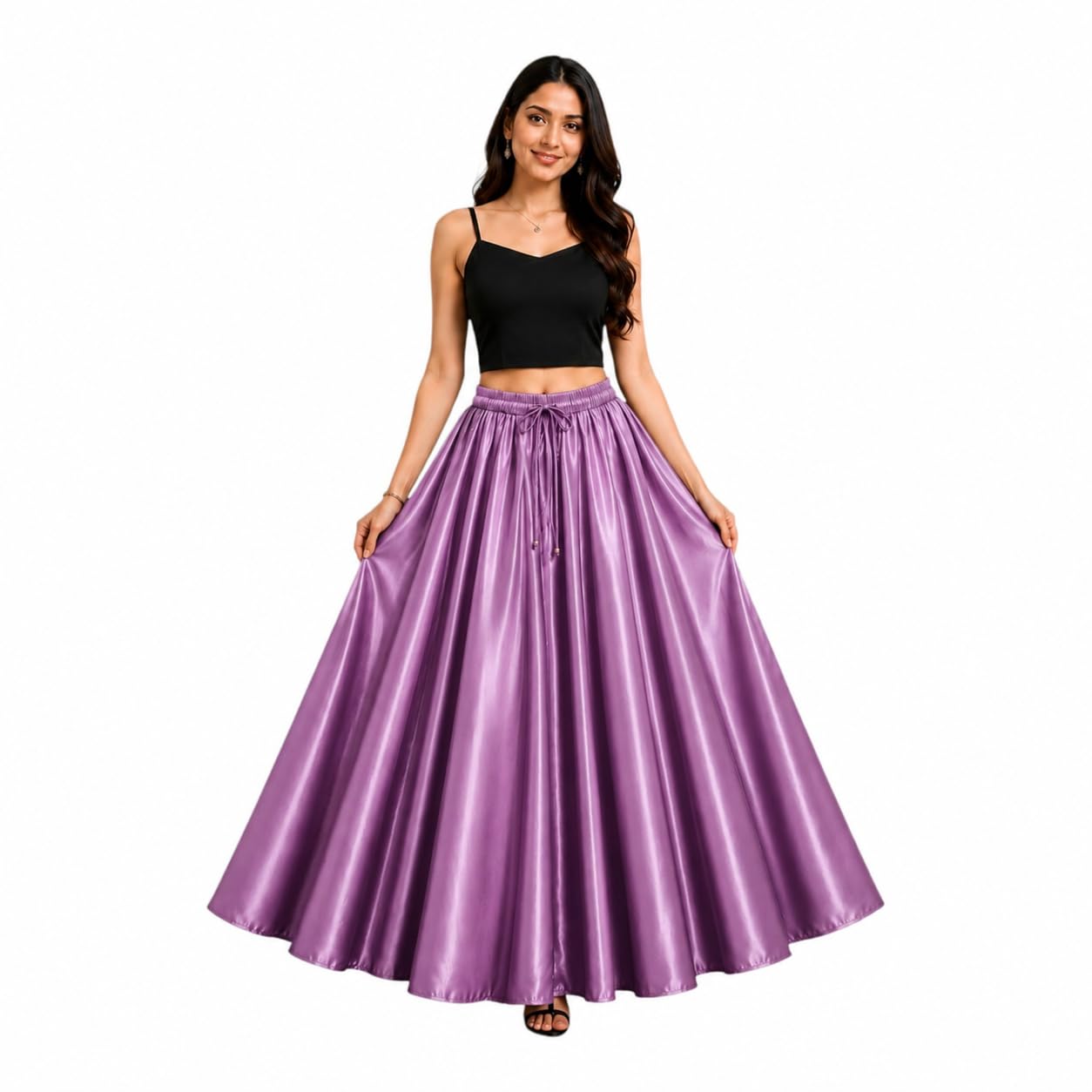 Satin Full Circle Umbrella Cut Floor Length Skirt with Free Size-image-42