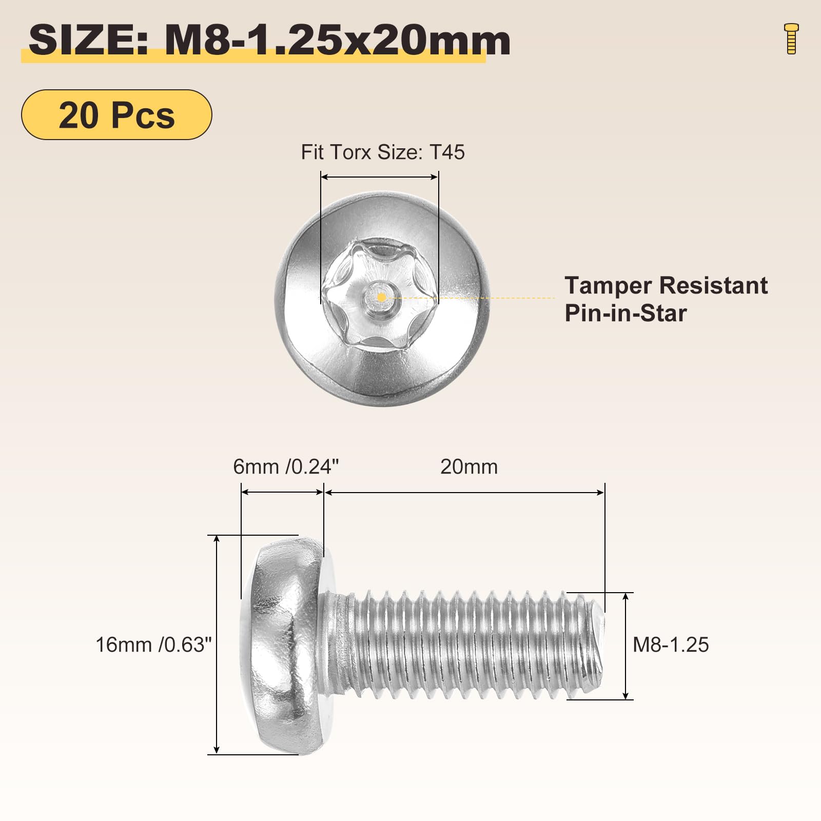 METALLIXITY Pan Head Torx Security Screws Bolts (M8-1.25x20mm) 20Pcs, Button Torx Head Machine Screws 304 Stainless steel - Image 2