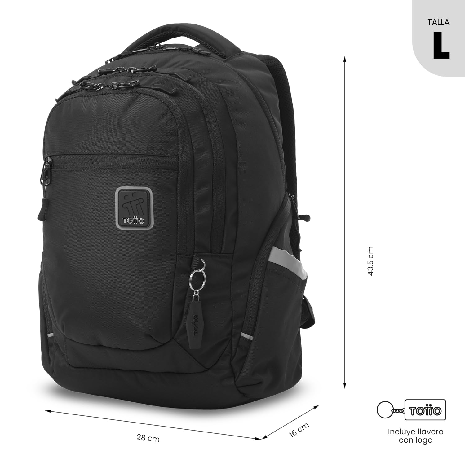 TOTTO - Mochila para Ordenador Portátil 13 Pulgadas, Modelo Eufrates 2.0, Compartimento Tablet 10", Cremallera con Argollas para Candado, Bolsillos Botella, Espaldar Ergonómico, Color Negro