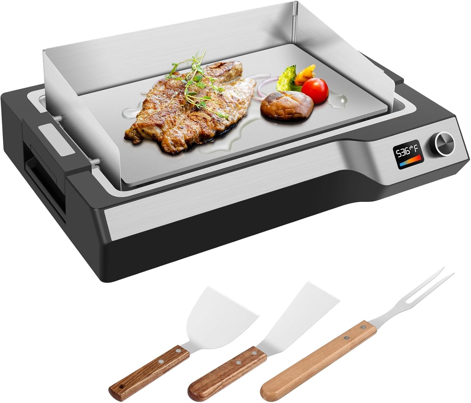 Electric Griddle Indoor, 14" Adjustable Temp Control 536° Electric Flat Top Grill, 5MM Stainless Steel Plate Even Heat Retention, Removable & Dishwasher Plates Electric Grill for Indoor Outdoor
