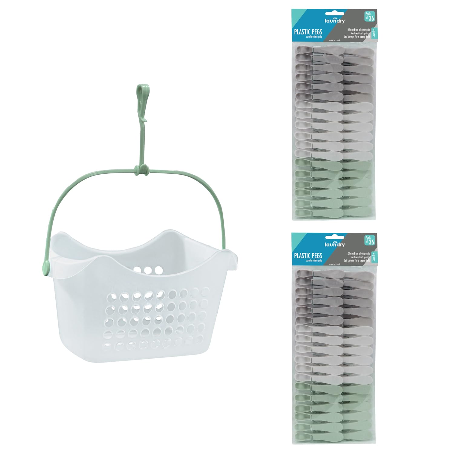 JVL Peg Basket with 72 Plastic Clothes Pegs – Laundry Peg Storage Basket for Washing Line – Assorted Colours